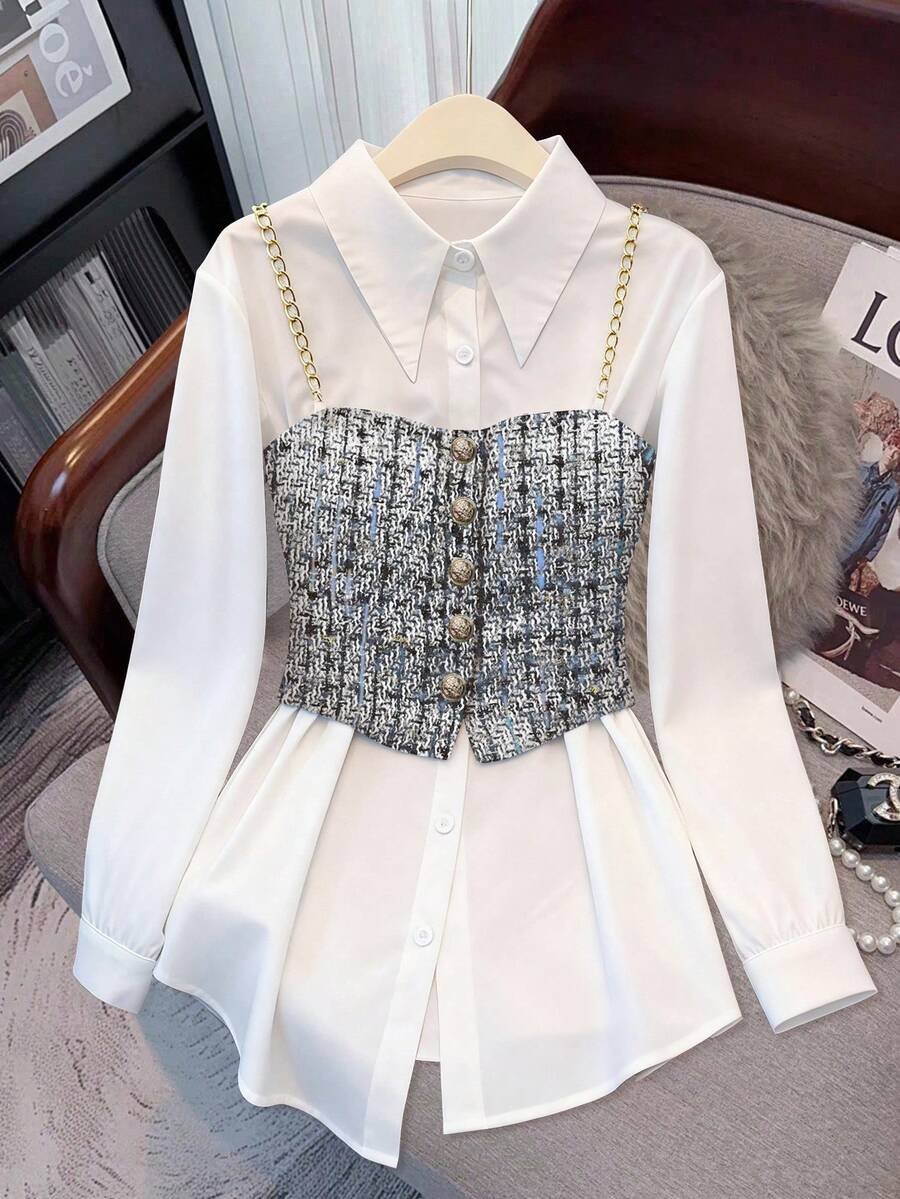 GlowEve CURVE Conjunto de camisa blanca de manga larga y camiseta de tirantes con cadena para mujer talla grande, para primavera/otoño, casual y de oficina - Negro - Ver 1