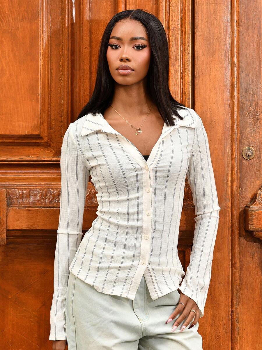 Mima John Camisa de manga comprida com listras ajustadas e botões, casual, fofa e elegante, para ocasiões casuais, para férias, outono, volta às aulas, trabalho, outono, inverno, festa de Natal - Multicolorido - Ver 1