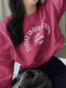 DAZY 女士宽松字母图案圆领落肩长袖休闲套头卫衣 - 粉色 - 查看 4