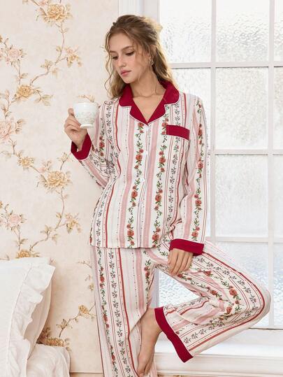  CottageSlumber Women Floral Print Color Block Lapel Collar Top & Pants Pajama Set, Winter Clothes