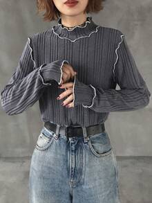 FRIFUL Áo thun nữ cổ lọ tay dài màu tương phản, vải dệt kim có gân, đường khâu tương phản, rộng rãi, thoải mái, đa năng, mùa thu/đông - Xám - Xem 2