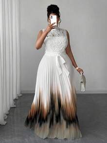 Maweii Đầm ren xếp ly cổ cao không tay phối ren tương phản ombre thanh lịch cho nữ cỡ lớn - Nhiều màu - Xem 3