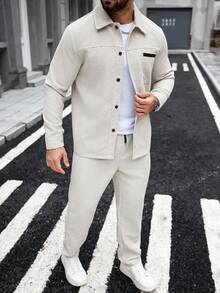 Manfinity Homme Plus-Size Apricot Corduroy Men's Business Suit, Featuring Collar And Pocket Details, Street-Style Men's Corduroy Two Pieces Coat & Pants Set Men Casual Suit 2 Pieces Leisure Suits Summer Suit For Men Beige Suit For Linen Suit, For Winter - Apricot - View 5