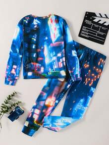 SHEIN 2 st Barn/Tween Pojkar Casual Vardag Bekväm Tryckt Mönster Rund Hals Långärmad Pyjamas Set - Topp Och Nederdel - Multifärgad - Visa 3