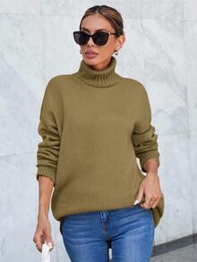 EURMUSE Women High Neck Solid Color Drop Shoulder Sweater, Casual For Everyday Wear In Autumn/Winter - Camel - View 3