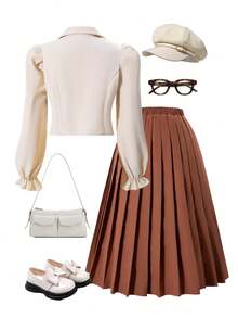 Sparklyn 2 件套女孩和青少年女孩合身领西装外套和松紧腰褶皱中长裙套装，休闲淑女装，秋季 - 棕色 - 查看 2