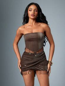 Hauture Strapless Glitter Velvet Mini Top - Brown - View 5