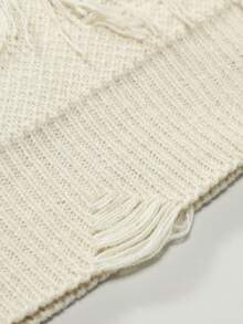 Manfinity Hypemode Plus Size Men's Solid Color Round Neck Distressed Long Sleeve Casual Sweater, Autumn/Winter Distressed Sweater Ripped Sweater - Beige - View 5