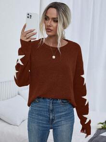 EMERY ROSE Women's Casual Pentagram Jacquard Drop Shoulder Long Sleeve Pullover Sweater, Autumn/Winter - Rust Brown - View 5