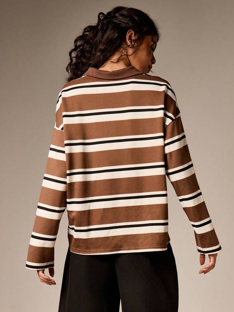 AiiRZ 長袖 ホリゾンタルストライプ ポロシャツ カジュアル ボタンアップ カラートップ 秋冬ファッション