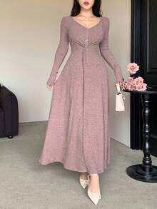 DAZY 女式优雅纯色V领扭纹中长连衣裙，秋季 - 粉色 - 查看 5