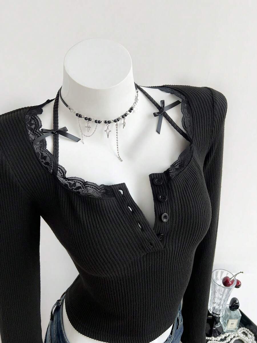 SHEIN Unity Maglietta a maniche lunghe nera da donna, elegante per l'autunno/inverno, adatta per uso quotidiano, feste e casual, con colletto in pizzo - nero - Visualizzare 1