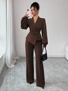 Elenzga 女士优雅休闲通勤度假下午茶聚会纯色不规则交叉领西装外套，灯笼袖搭配松紧腰A字裤，适合春、秋、冬季穿着。 - 棕色 - 查看 8