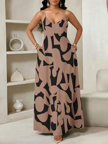 SHEIN Lady Họa tiết hình học, váy dài trơn thích hợp mặc thường ngày - Màu Khaki - Xem 6