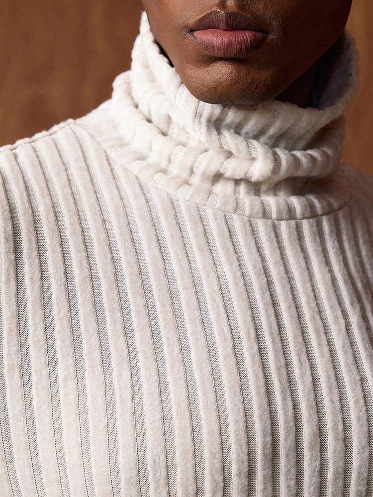Men's Solid Color Turtleneck Long Sleeve Ribbed Casual T-Shirt Turtle Neck Men Knit Two Pieces Set Men Men's Wide Leg Pants Pleated Pants Men's Fall Collection