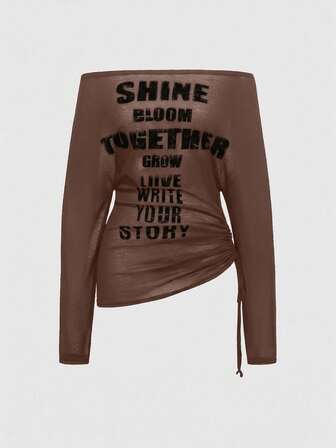 EDITION T-shirt à manches longues à épaules dénudées avec imprimé croix et lettres, style romantique punk pour femmes