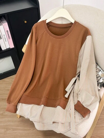 Lacomfia 秋冬休闲圆领拼接系带腰带罗纹拼接加大码女式卫衣