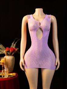 ChaseTheNight 1 件女士时尚镂空弹力紧身网眼性感内衣连衣裙，夏季 - 紫色 - 查看 7