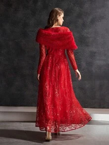 MOTF Soiréza 优雅亮片串珠花卉刺绣连衣裙，配可拆卸人造毛皮披肩，正式晚礼服 - 紅色 - 查看 8