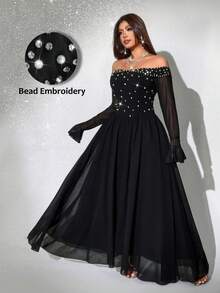 Viva Relle Plus Size Women's Elegant Black Autumn Formal Evening Beaded Off Shoulder Chiffon Patchwork Long Sleeve Flowing Maxi Dress For Prom Gown - Black - View 1