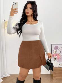 Firerie Plus Size Women Casual Elegant Simple Ribbed Stripe Shorts With Slit, Versatile For Daily Wear, Autumn/Winter - Rust Brown - View 6