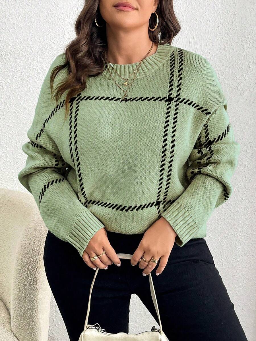Elenzga Plus Size Casual Plaid Drop Shoulder Loose Knit Sweater, Autumn/Winter