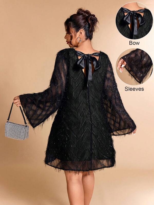 Cravure Christmas Plus Size Elegant Fringe Decor Flare Sleeve Dress