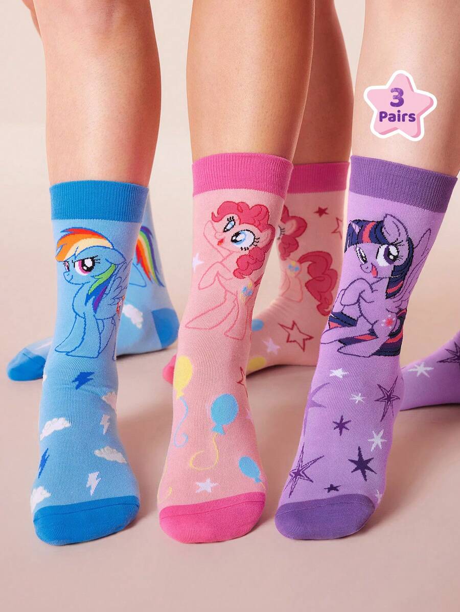 My Little Pony X SHEIN 3双装柔软透气吸湿甜美休闲女士中筒袜，时尚可爱卡通彩色船袜，加固趾跟，经久耐穿，四季皆宜，夏季冬季百搭，图案袜子，独角兽 - 彩色 - 查看 1