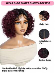 酒红色渐变短款卷发波波头蕾丝假发，真人发，无需胶水，佩戴方便，水波纹波波头假发，中分，10英寸深波纹波波头假发 TT1B/99J - S1B/99J - 查看 5