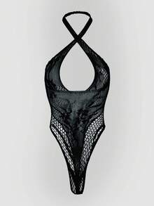 Women's Sexy Blue Fishnet Bodysuit, Sleeveless High Stretch Fishnet Bodysuit, Suitable For Beach, Seaside, Party For Going Out - Black - View 2