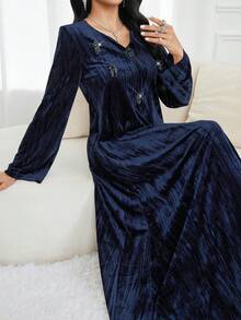 Al Najma 女式纯色水钻装饰优雅长袖阿拉伯风格连衣裙 - 藏蓝色 - 查看 6