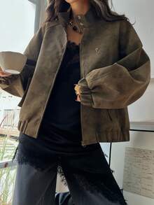 DAZY 女士立领短款夹克，休闲街头风插肩袖立领飞行员夹克 - 綠色 - 查看 5