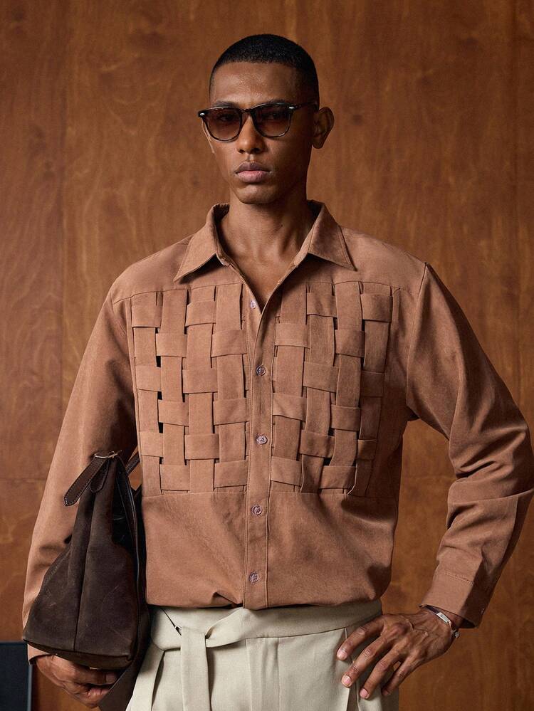 Men's Casual Dark Khaki Shirt, Long Sleeve Top