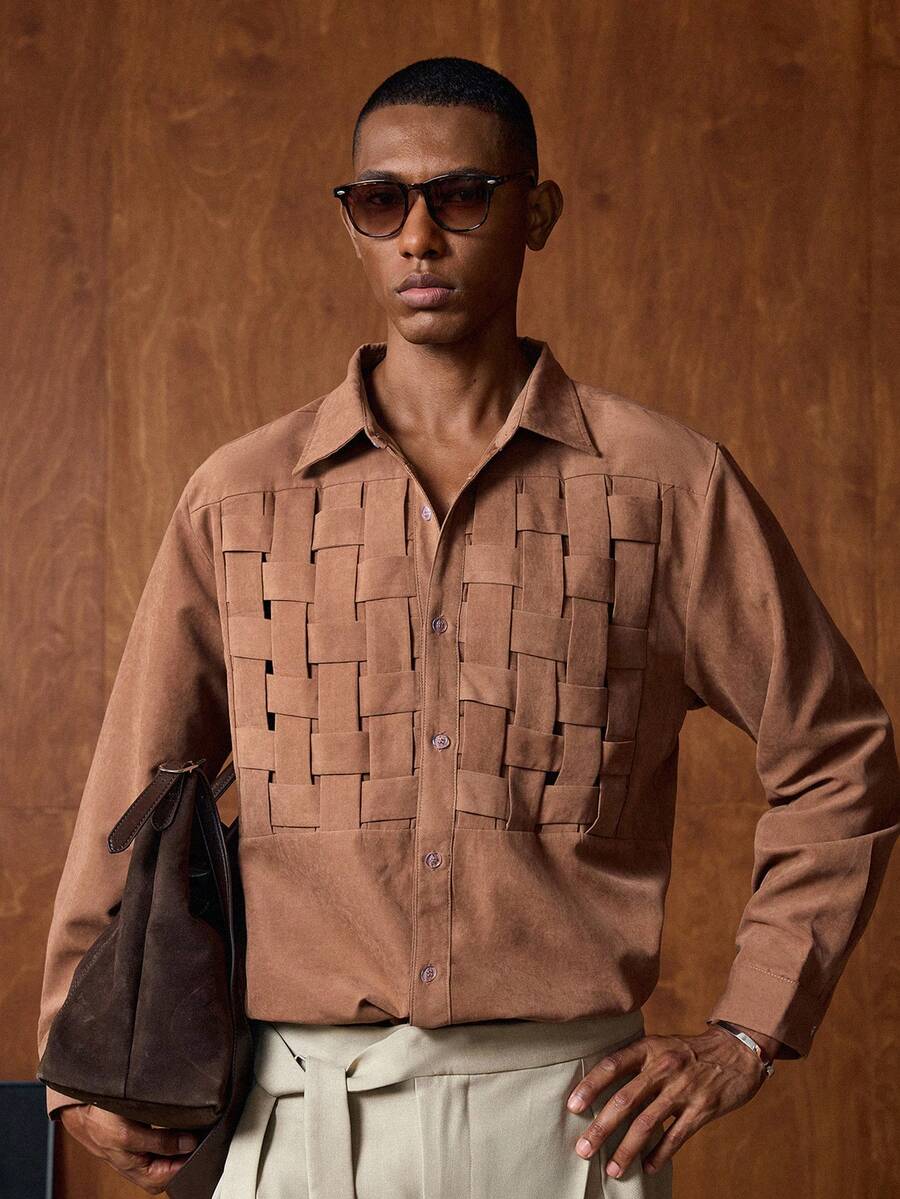 AKNOTIC 男士休闲深卡其色长袖衬衫 - 卡其色 - 查看 1