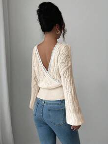 Elenzga Hollow Lace V-Neck Backless Mohair Sweater For Women, Elegant Wool Knitted Pullover With Reversible Design - Beige - View 4