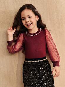 SHEIN Young Girl Burgundy Long Sleeve Solid Color Tee, Versatile Layering Top,Mommy And Me Matching (2 Pieces Sold Separately) - Burgundy - View 7