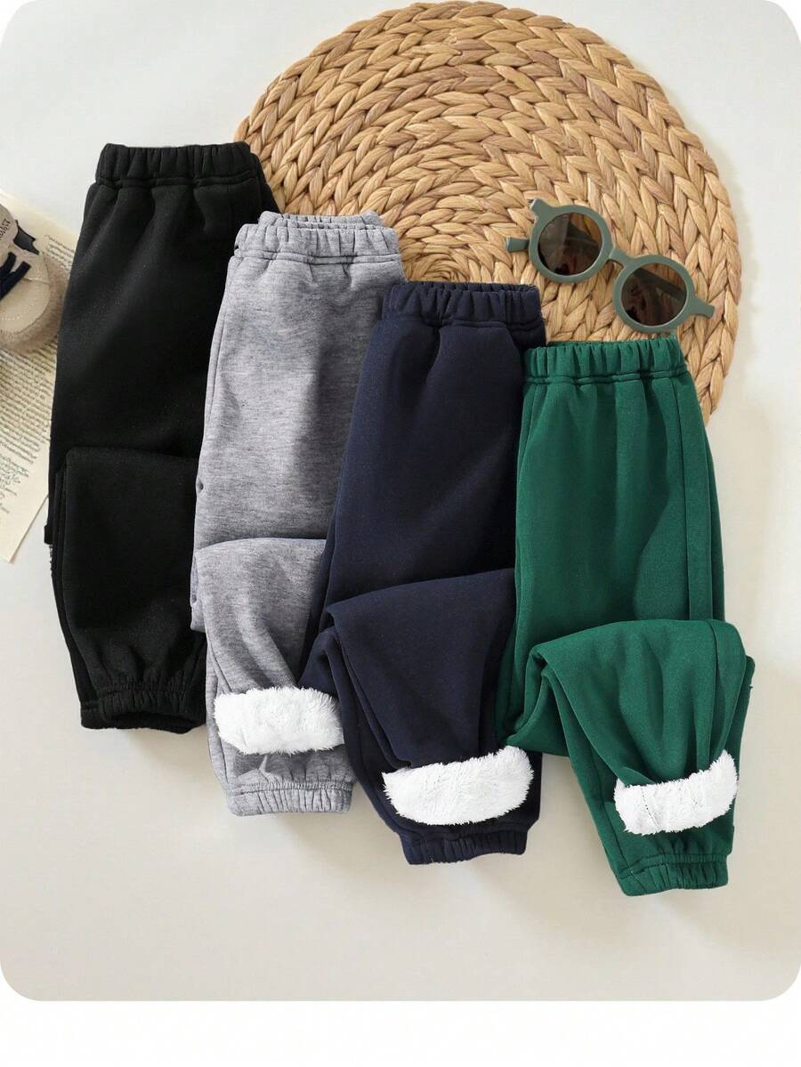SHEIN 4件套男婴可爱保暖纯色弹力腰保暖内衬裤子，黑、绿、灰、蓝，秋冬百搭下装，适合幼儿园、滑雪户外男婴裤子冬季 - 彩色 - 查看 1