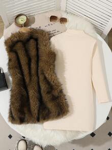 两件套女童无袖蓬松背心外套和纹理修身针织连衣裙，休闲度假装 - 杏色 - 查看 2