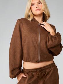 MISSGUIDED Cropped Suede Zip Up Jacket With Elastic Waistband Fall Winter Outerwear - Brown - View 5