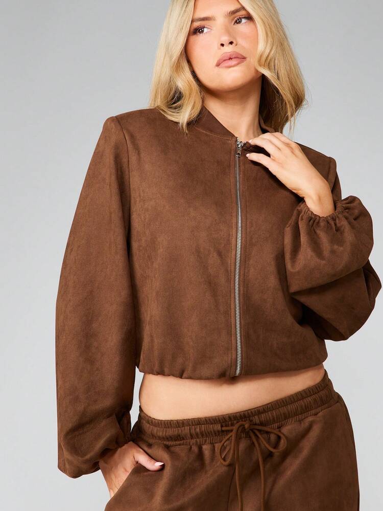 MISSGUIDED Cropped Suede Zip Up Jacket With Elastic Waistband Fall Winter Outerwear