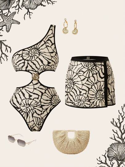 Swim Oasis 1pc Women's One-Piece Swimsuit + 1pc Skirt 2-Piece Set, Asymmetrical Hollow Out One Shoulder, Fashionable Casual Resort Swimwear, Spring/Summer/Autumn Curve Beach Outfits Beach Outfits For Woman Set High Waisted Bathing Suits Sea Shell Outfit