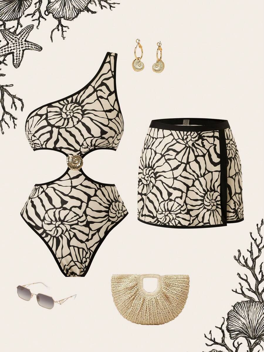 Swim Oasis 1pc Women's One-Piece Swimsuit + 1pc Skirt 2-Piece Set, Asymmetrical Hollow Out One Shoulder, Fashionable Casual Resort Swimwear, Spring/Summer/Autumn Curve Beach Outfits Beach Outfits For Woman Set High Waisted Bathing Suits Sea Shell Outfit - Multicolor - View 1