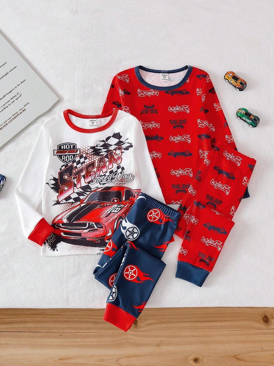4pcs/Set Young BoySnug Fit Racing Car Allover Print Colorblock Design Long Sleeve Pajama Set, Comfortable Fabric - Multicolor - View 1