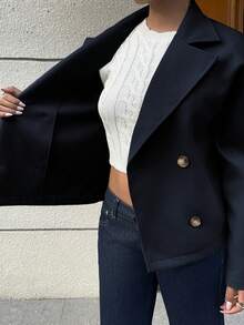 Flirla Apricot Lapel Collar, Double-Breasted Button, Pockets, Long Sleeve, Short Coat, Fashion, Commute, Office, Casual, Elegant, Retro, Academic, Daily, Date, Women, Autumn/Winter - Navy Blue - View 8