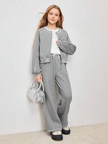 Tween Girls' Casual Contrast Stitching Sweatshirt Jacket And Pants Set - Grey - View 4