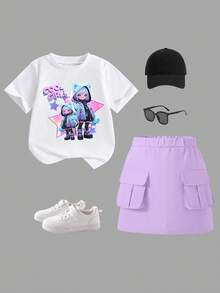 SHEIN ChillGRL 两件套休闲时尚女童春秋冬短袖连衣裙套装，酷炫卡通人物扎染印花设计，包含一件短袖圆领T恤和一条紫色工装裙，舒适的短袖圆领T恤搭配打底裤，适合春夏休闲、时尚街头风、户外野餐、上学、聚会等场合，也是馈赠佳品。 - 彩色 - 查看 3
