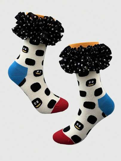Kawaii Women's Polka Dot Pattern Mesh Splice Ruffle Trim Cute Crew Socks