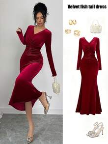 Chiquease Vestido elegante de manga larga con cuello en V, cintura fruncida y bajo de cola de pez ajustado para mujer - Burdeos - Ver 3