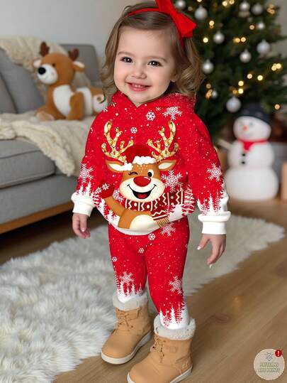 SHEIN Happikins 2pcs Baby Girl Cute Cartoon Reindeer, Ombre Snowflake Pattern, Red Festive, Casual Loose Drop Shoulder Pullover Sweatshirt Sweatshirt And Pants Set, Suitable For Autumn/Winter Christmas