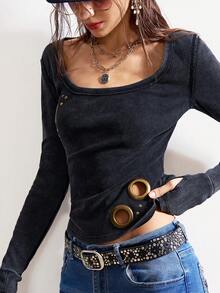 Bohemela Boho Winter Christmas New Year Valentine's Day Music Festival Metal Eyelet Rivet Y2K Casual Retro Solid Color Knit Long Sleeve Fitted Women T-Shirt,Black Top - Black - View 6